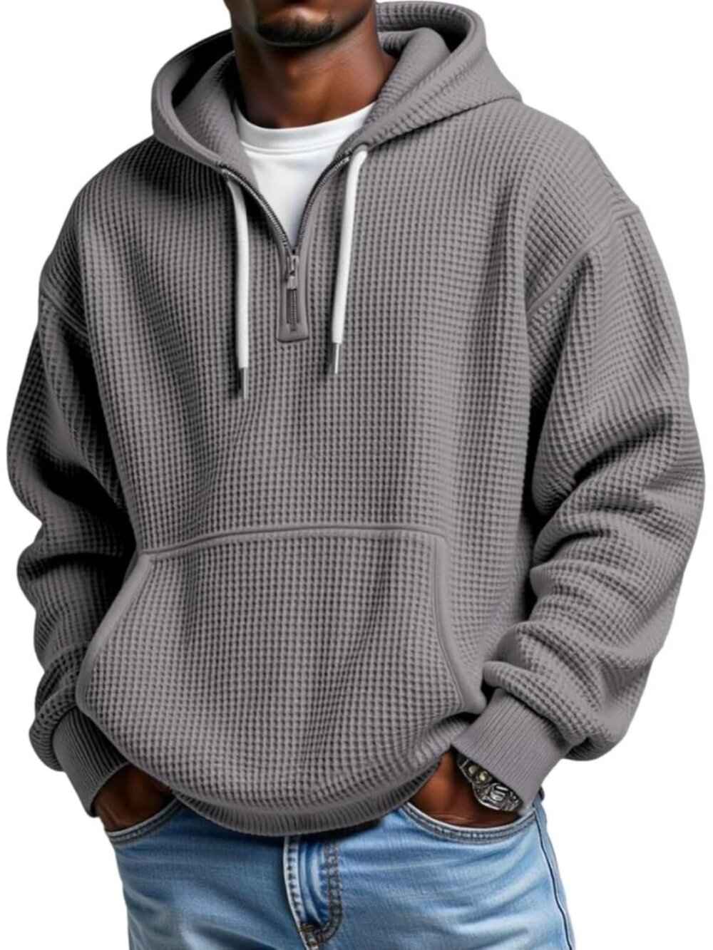 Men's Grey Quarter Zip Waffle Knit Pullover Loose Fit Sweatshirt Hoodies